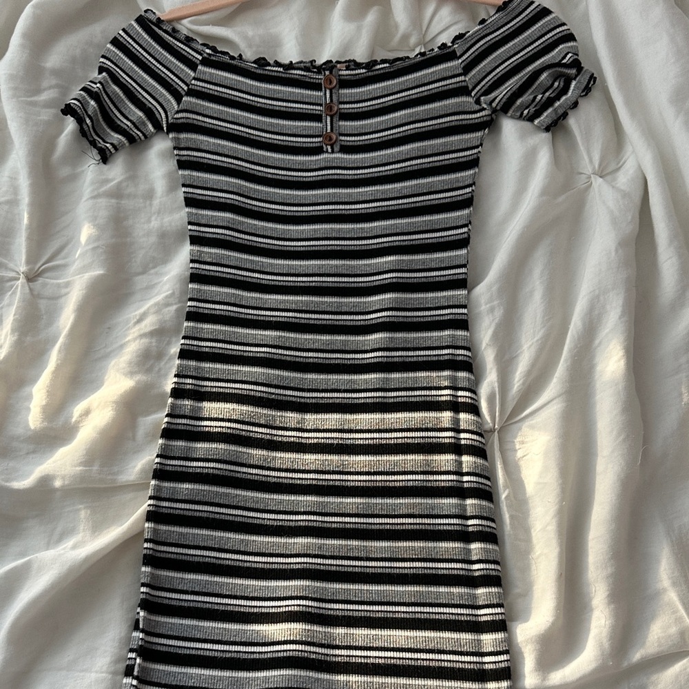 grey | stripe | over the shoulder | dress | tight